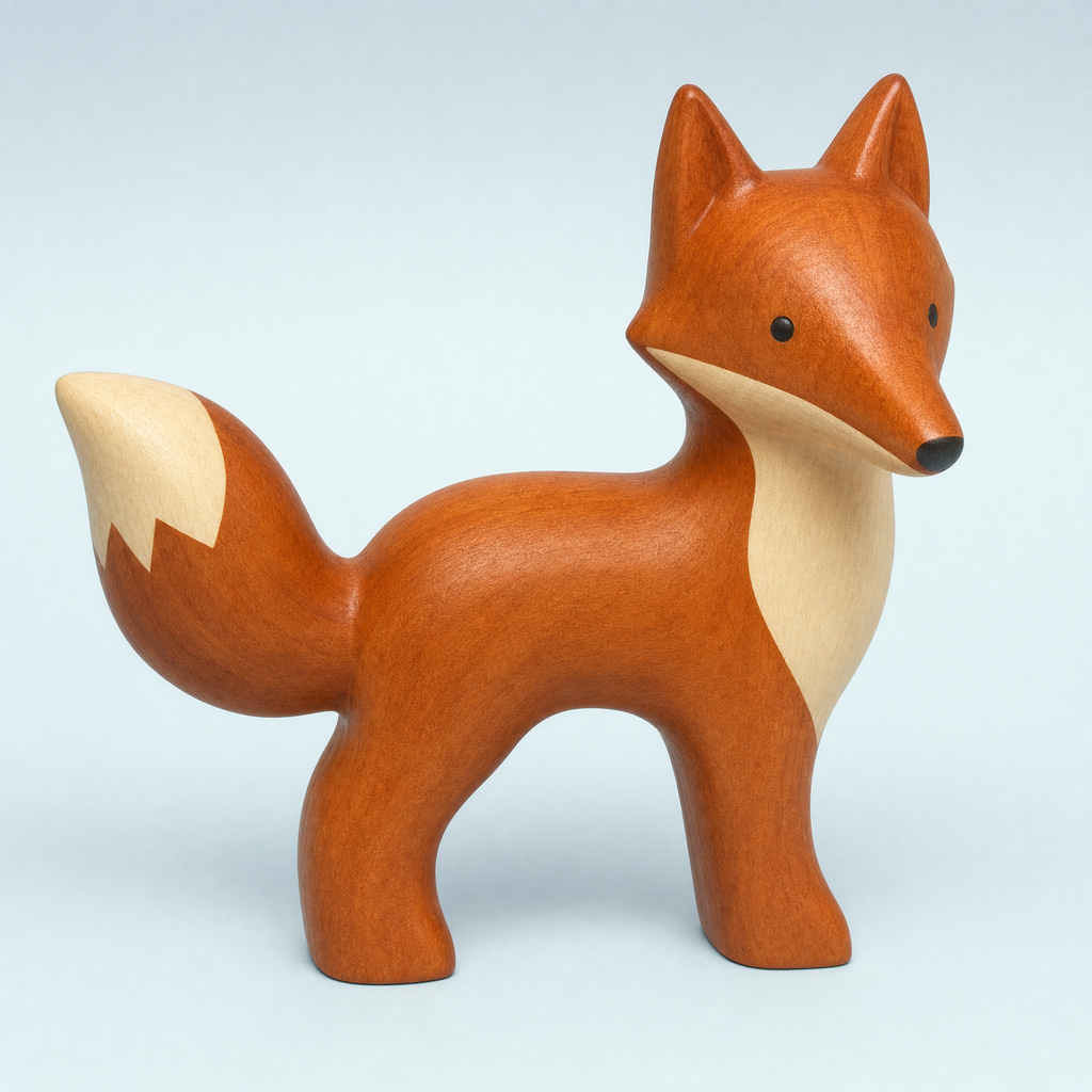 Jorlaxis Fox: a large wooden fox in reddish-brown wood with a cream chest and full carved tail