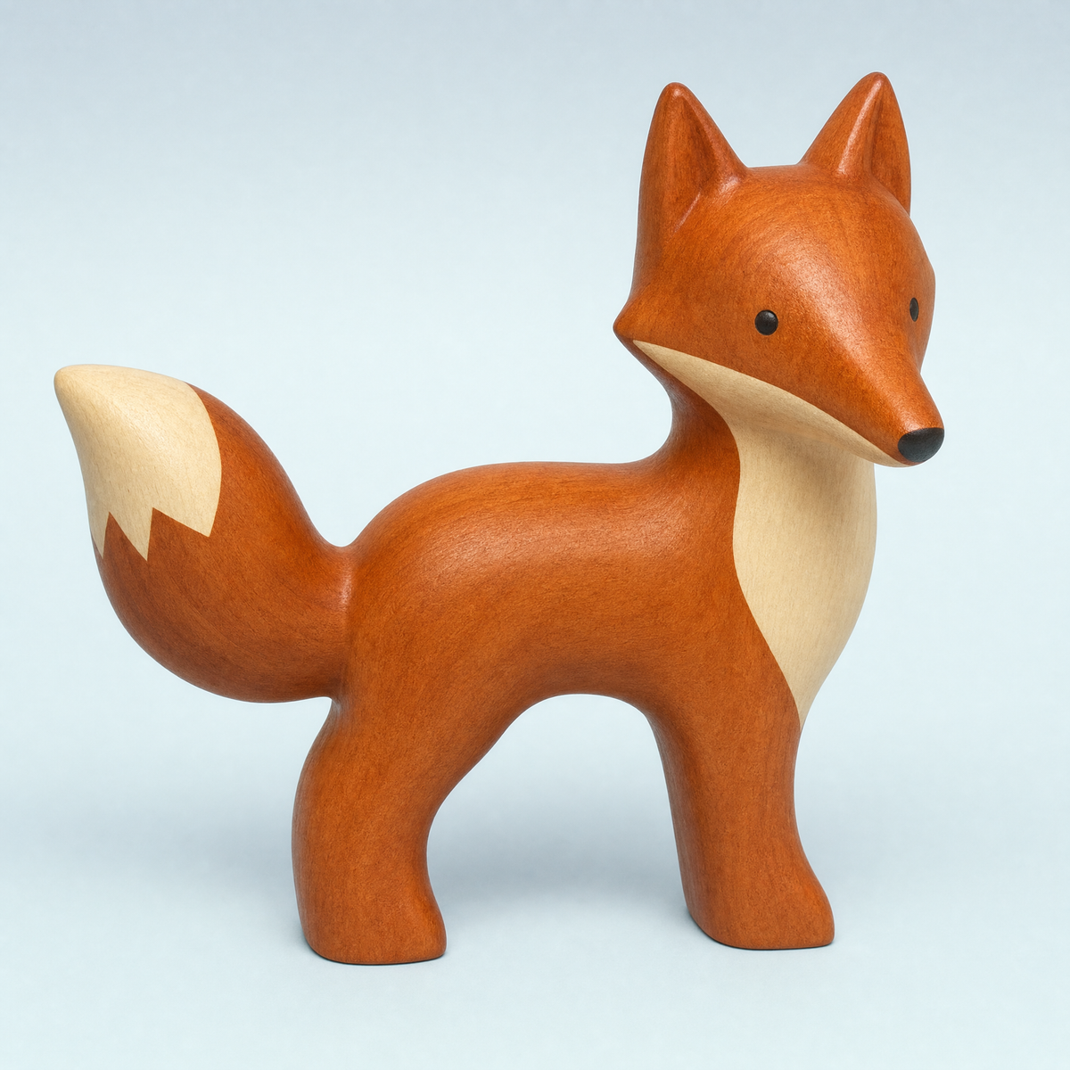Jorlaxis Fox: a large wooden fox in reddish-brown wood with a cream chest and full carved tail
