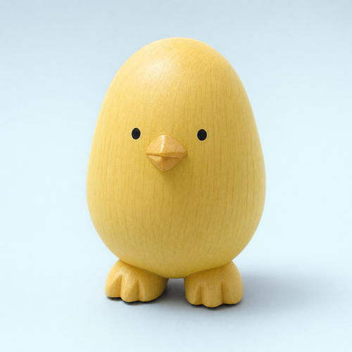 Jorlaxis Chick: a small pale yellow wooden chick with a carved beak and stubby feet