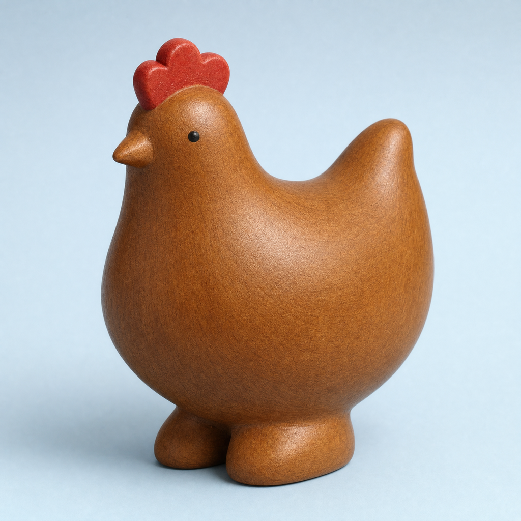 Jorlaxis Hen: a plump mid-brown wooden hen with a carved beak and a red-painted comb