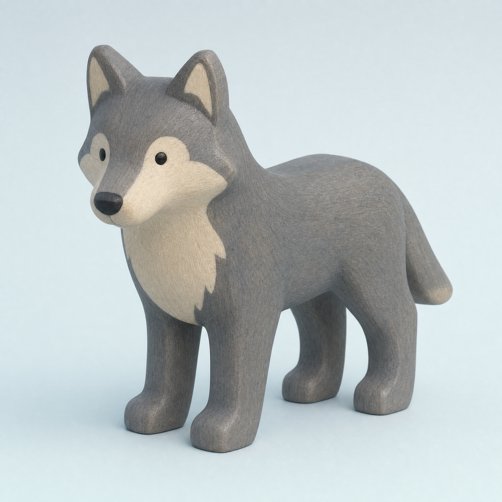 Jorlaxis Wolf: a grey-stained wooden wolf with a cream chest and muzzle, mouth closed