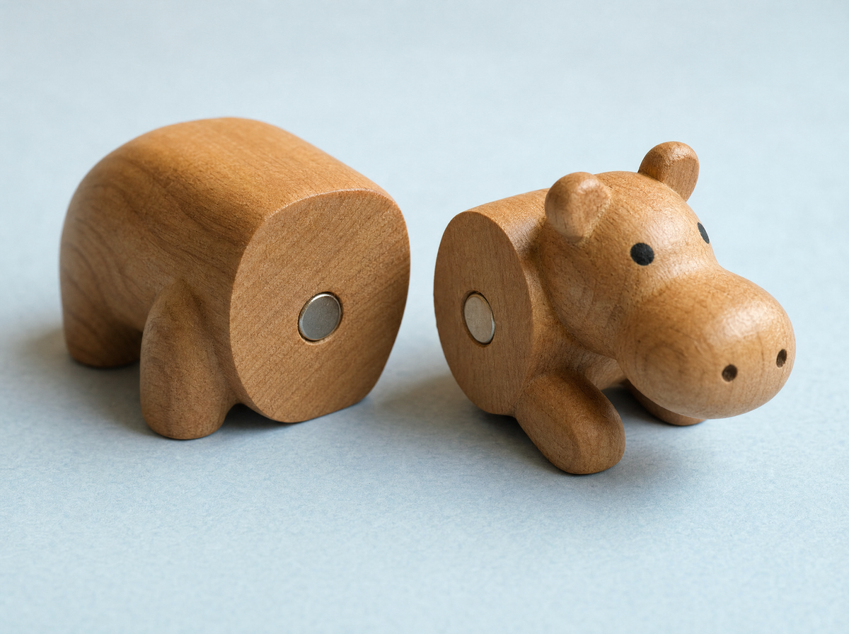 How the join works: a figurine in two halves with a magnet set flush into each face