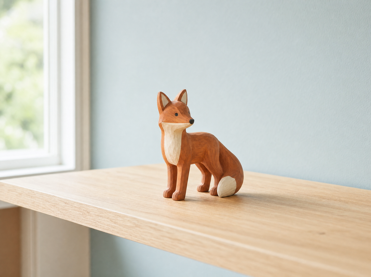 The wooden fox on a pale oak shelf against a duck-egg blue wall