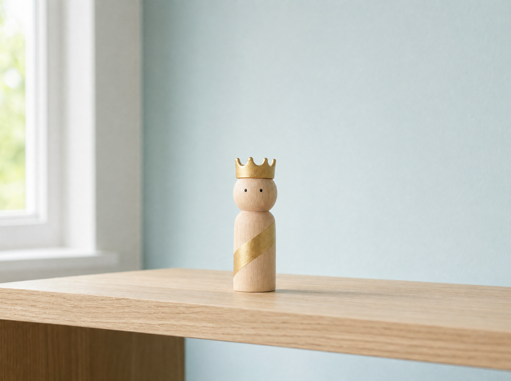 The crowned king figure on a pale oak shelf against a duck-egg blue wall