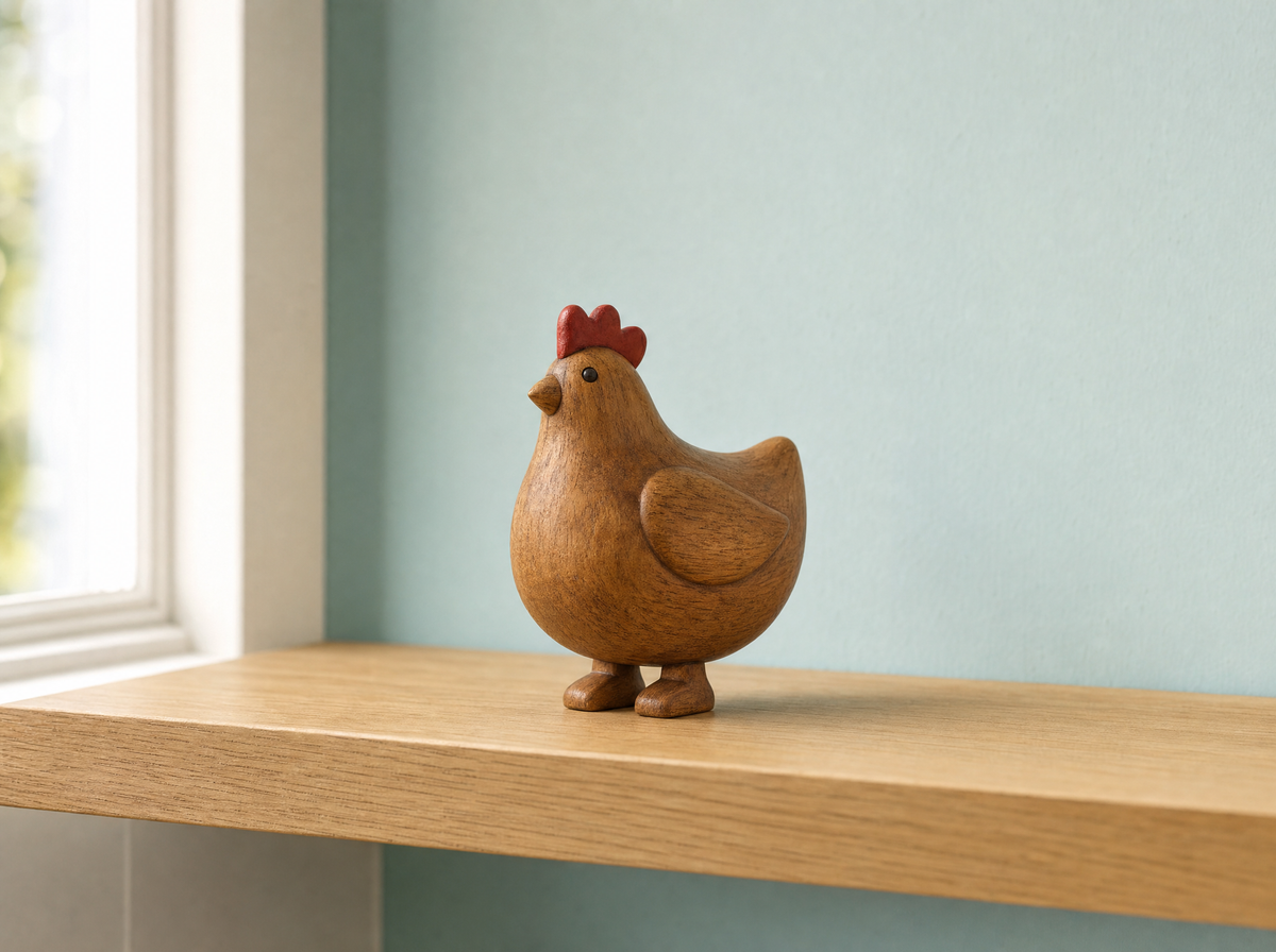 The wooden hen on a pale oak shelf against a duck-egg blue wall