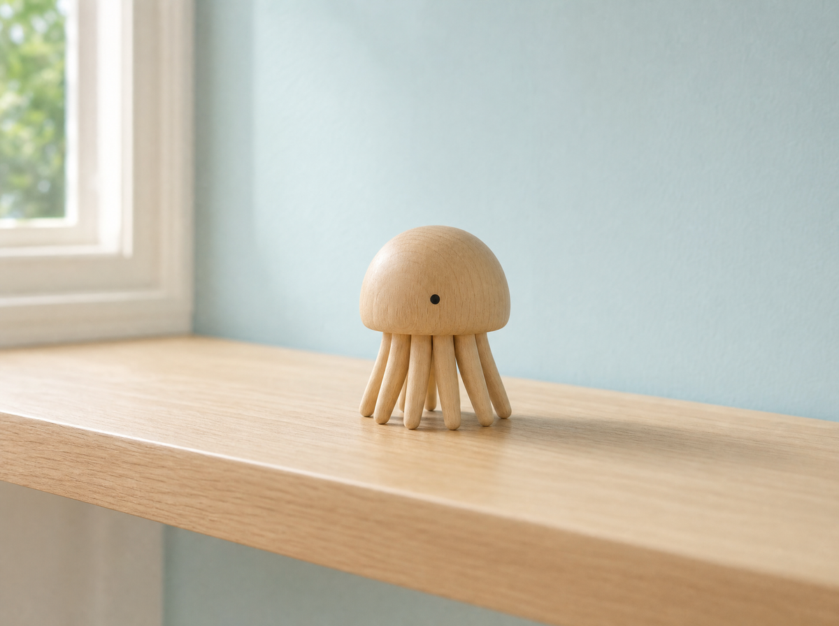 The wooden jellyfish on a pale oak shelf against a duck-egg blue wall