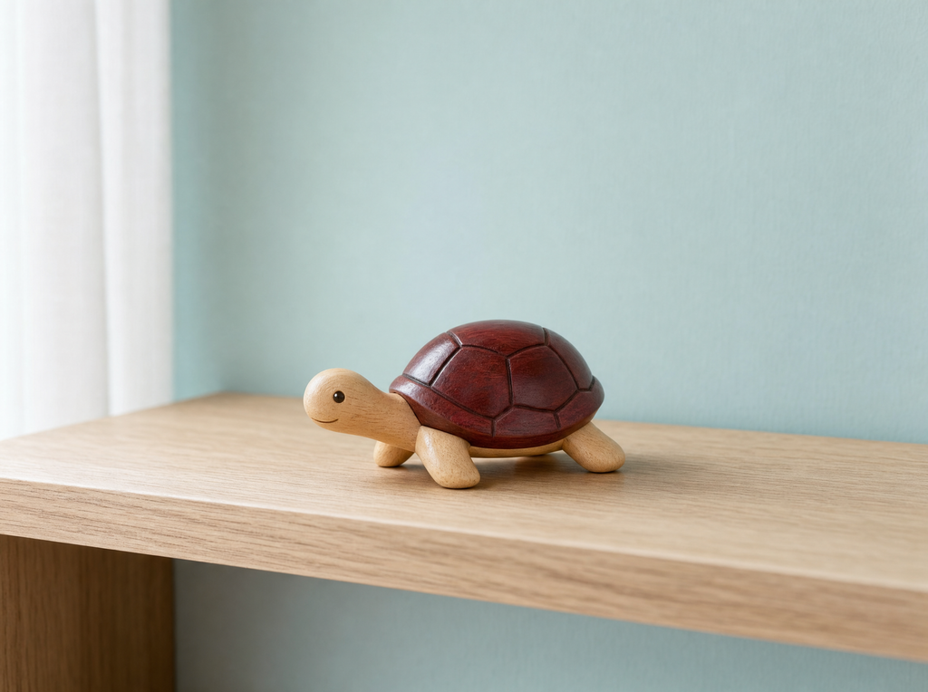 The wooden sea turtle on a pale oak shelf against a duck-egg blue wall