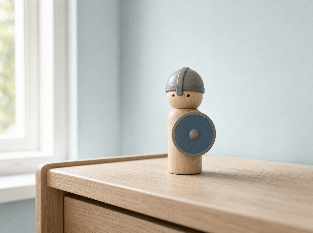 The shieldbearer figure on a pale oak surface against a duck-egg blue wall