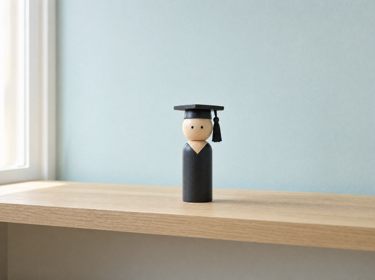 The graduate figure on a pale oak shelf against a duck-egg blue wall