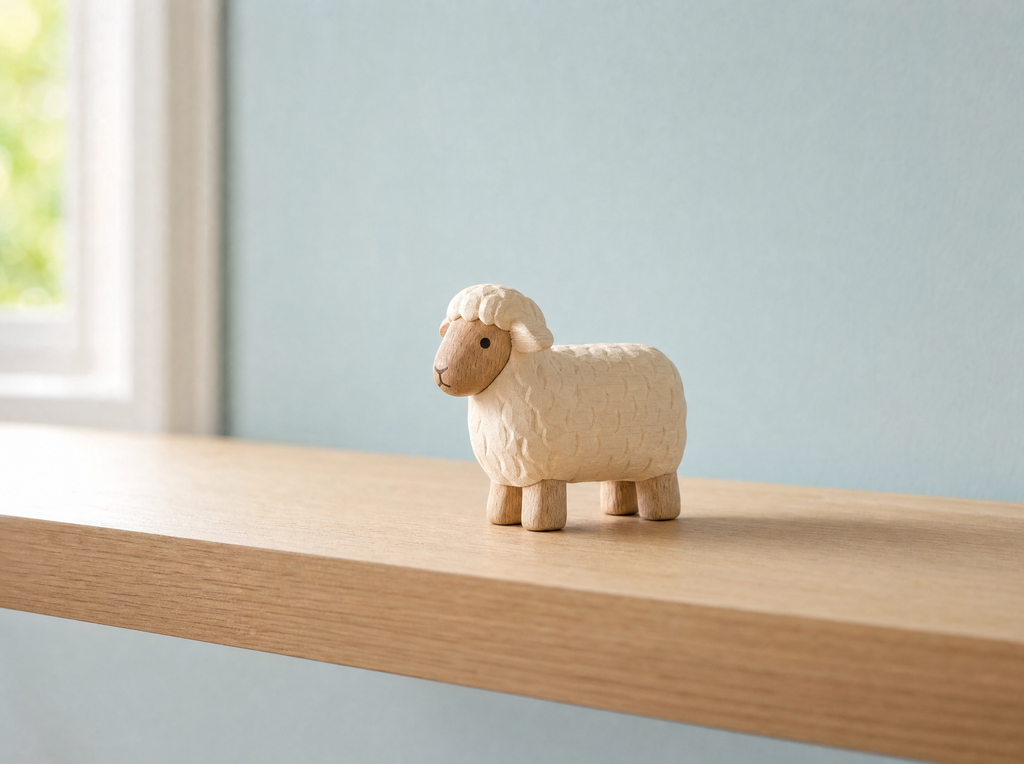The wooden lamb on a pale oak shelf against a duck-egg blue wall