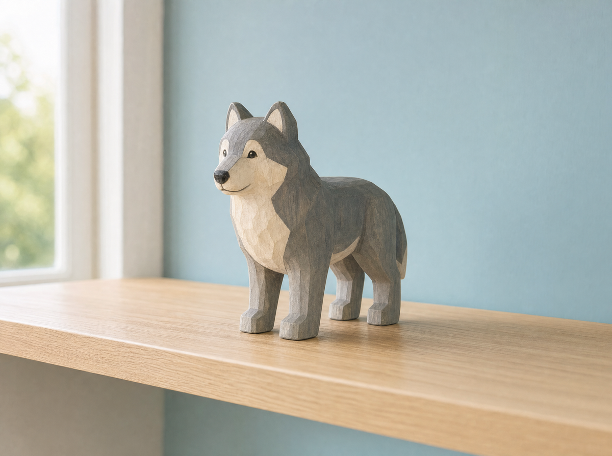The wooden wolf on a pale oak shelf against a duck-egg blue wall