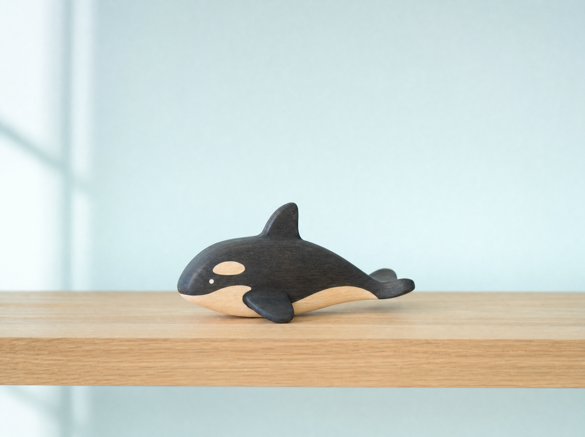The wooden orca resting on a pale oak shelf against a duck-egg blue wall