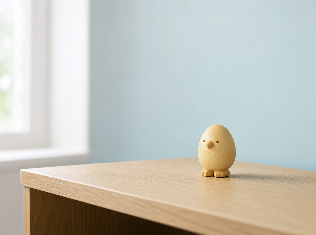 The wooden chick on a pale oak surface against a duck-egg blue wall