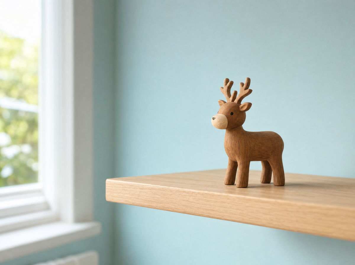 The wooden reindeer on a pale oak shelf against a duck-egg blue wall