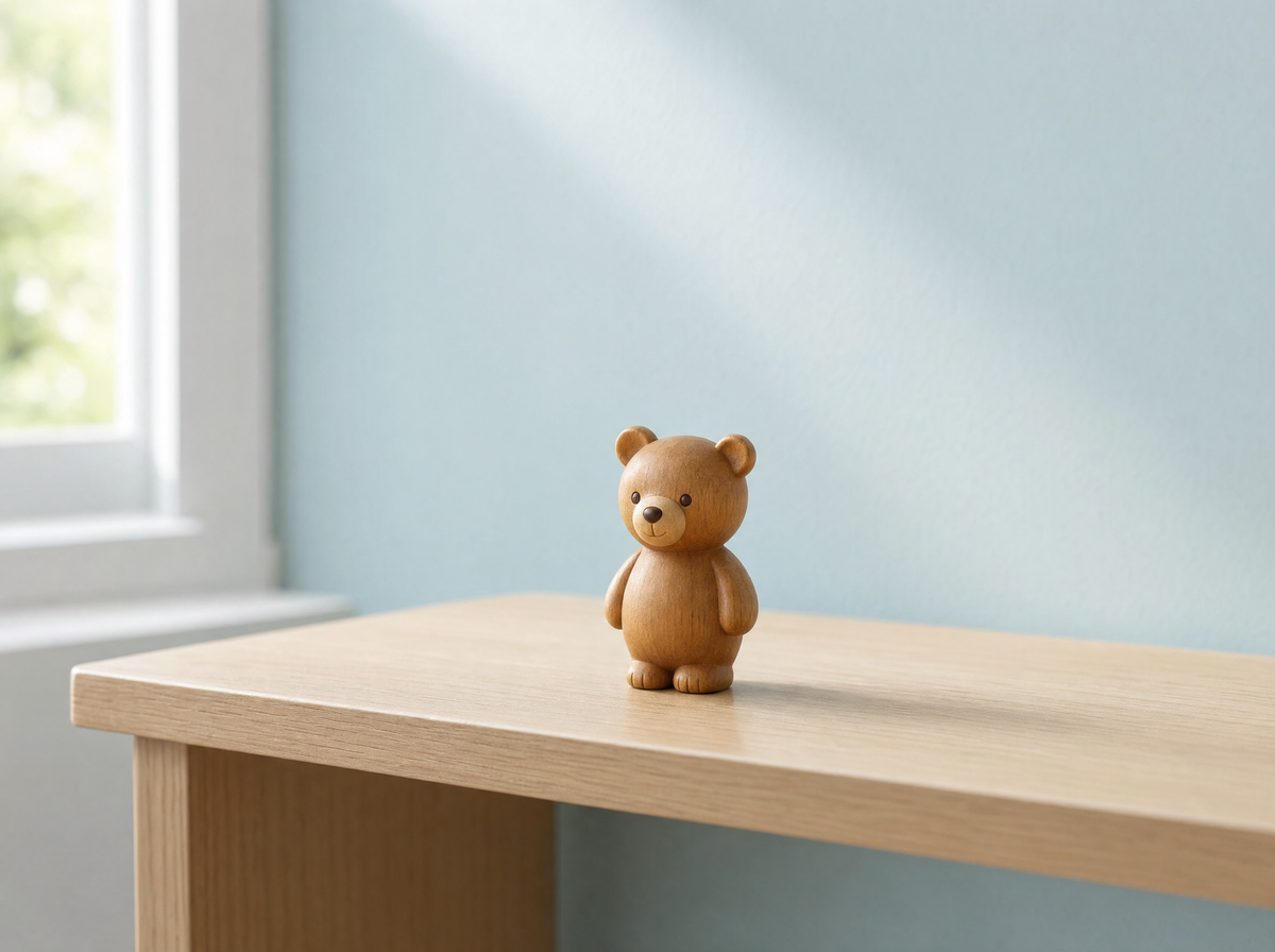 The small wooden bear on a pale oak surface against a duck-egg blue wall